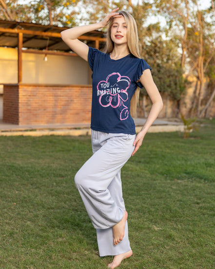 Graphic Top & Pants Set — Navy Blue & Light Grey