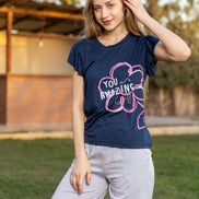 Graphic Top & Pants Set — Navy Blue & Light Grey