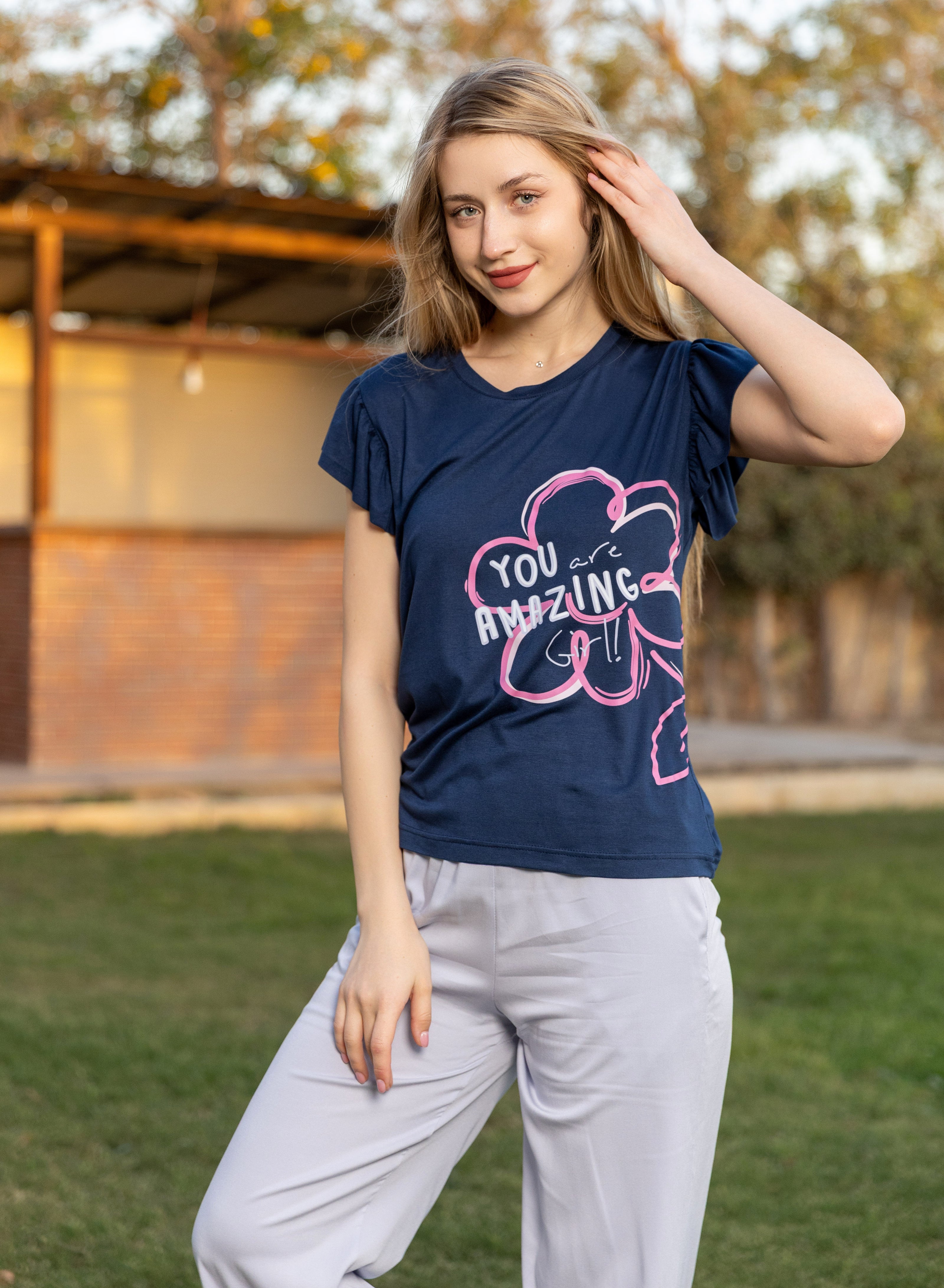 Graphic Top & Pants Set — Navy Blue & Light Grey