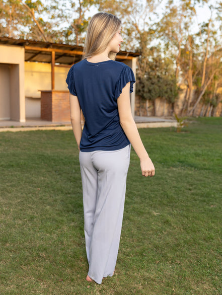 Graphic Top & Pants Set — Navy Blue & Light Grey