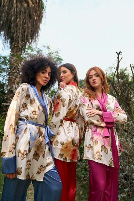 Floral Satin Robe and Pants Set — Dark Blue, Dark Purple & Dark Simon