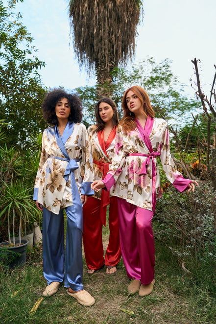 Floral Satin Robe and Pants Set — Dark Blue, Dark Purple & Dark Simon