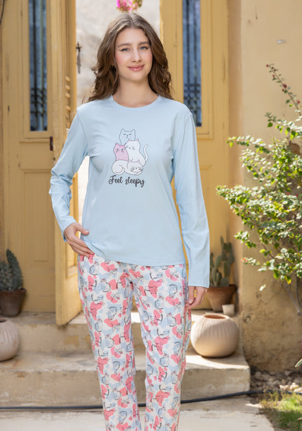Long-Sleeve Top & Floral Pants Pajama Set — Baby Blue