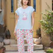 Cap-Sleeve Tee & Floral Pants Set — Baby Blue