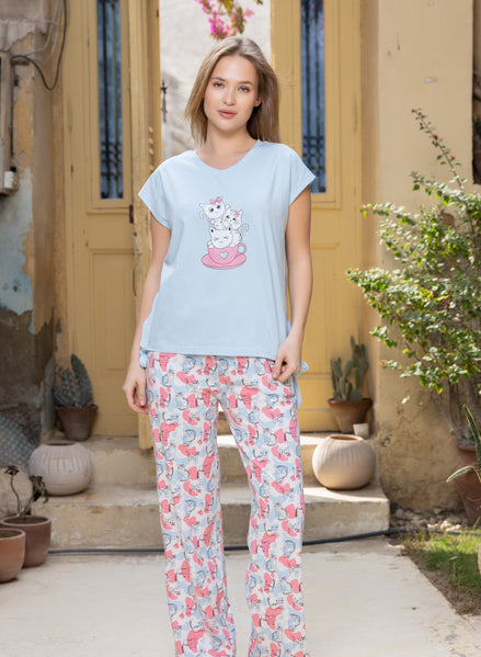 Cap-Sleeve Tee & Floral Pants Set — Baby Blue