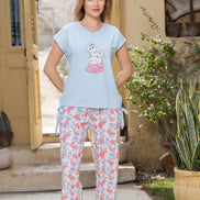 Cap-Sleeve Tee & Floral Pants Set — Baby Blue