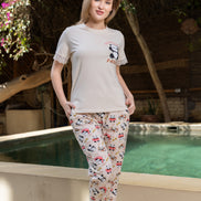 Panda Tee & Pants Set with Lace Back — Beige