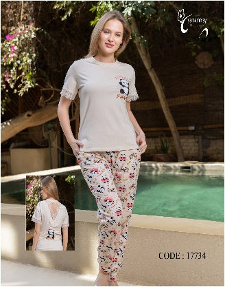 Panda Tee & Pants Set with Lace Back — Beige