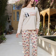 Panda Print Long-Sleeve Pajama Set — Beige