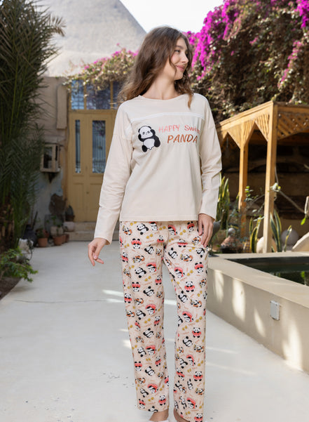 Panda Print Long-Sleeve Pajama Set — Beige