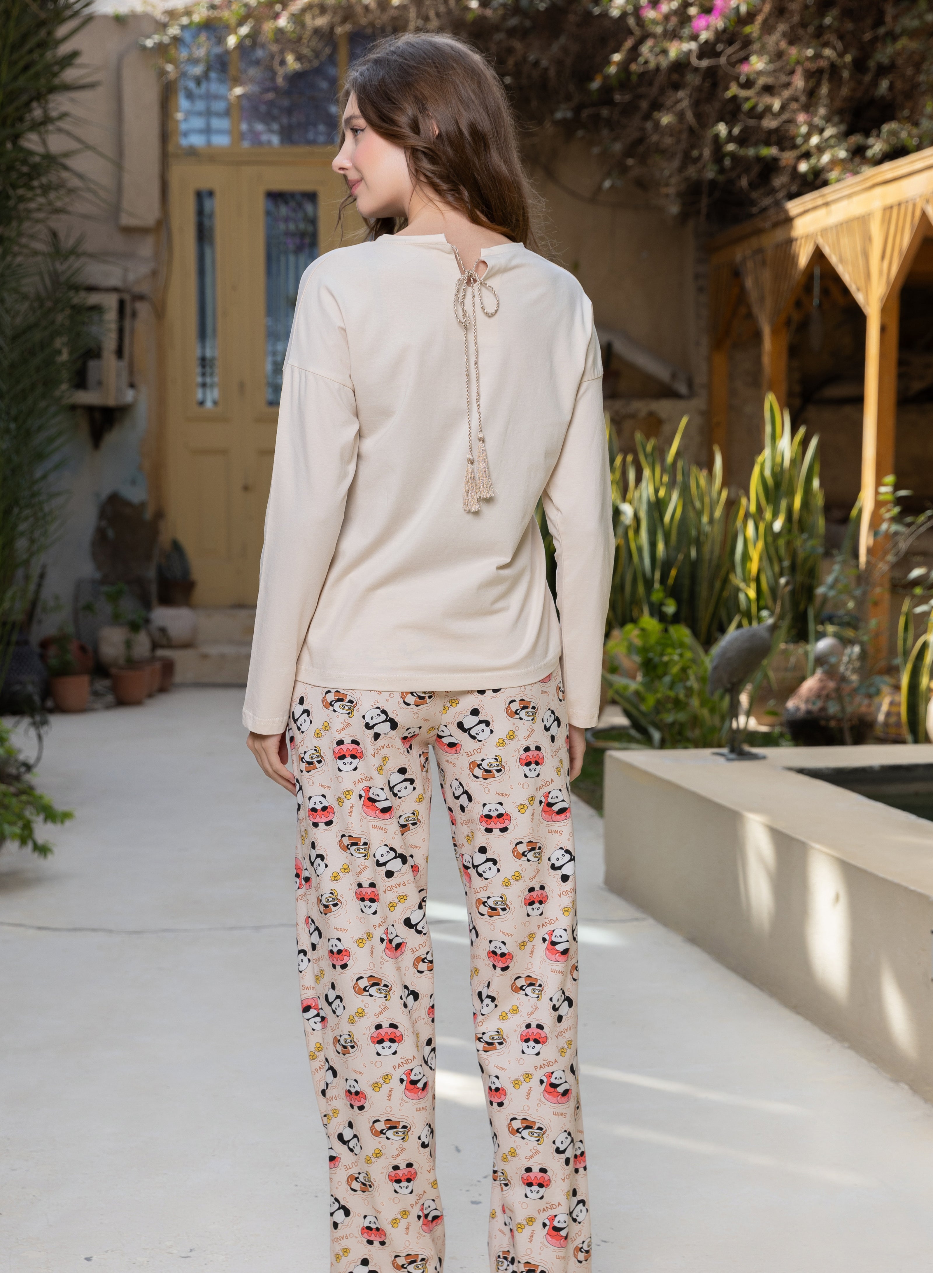 Panda Print Long-Sleeve Pajama Set — Beige