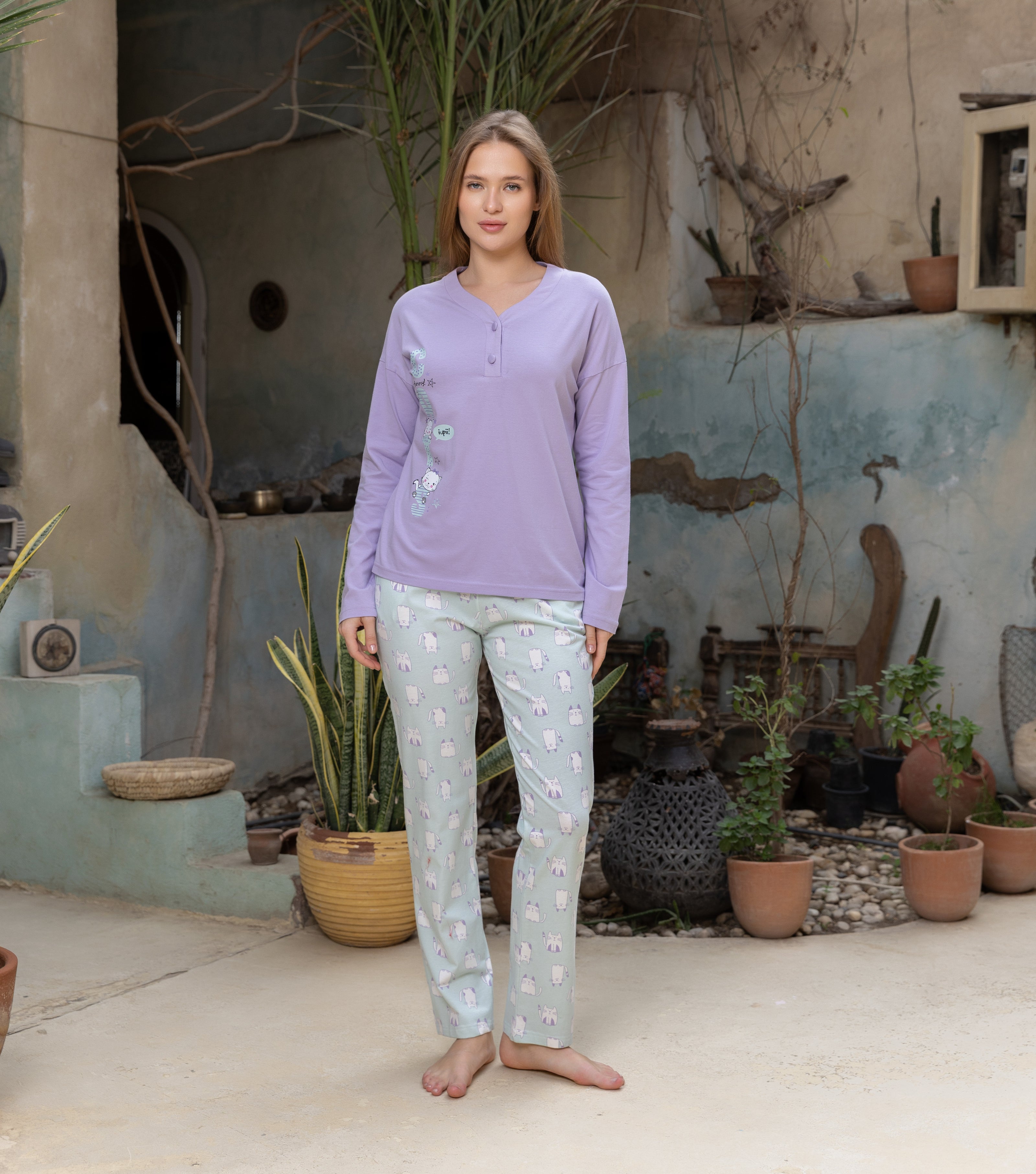 Henley Top & Printed Pants Pajama Set — Purple