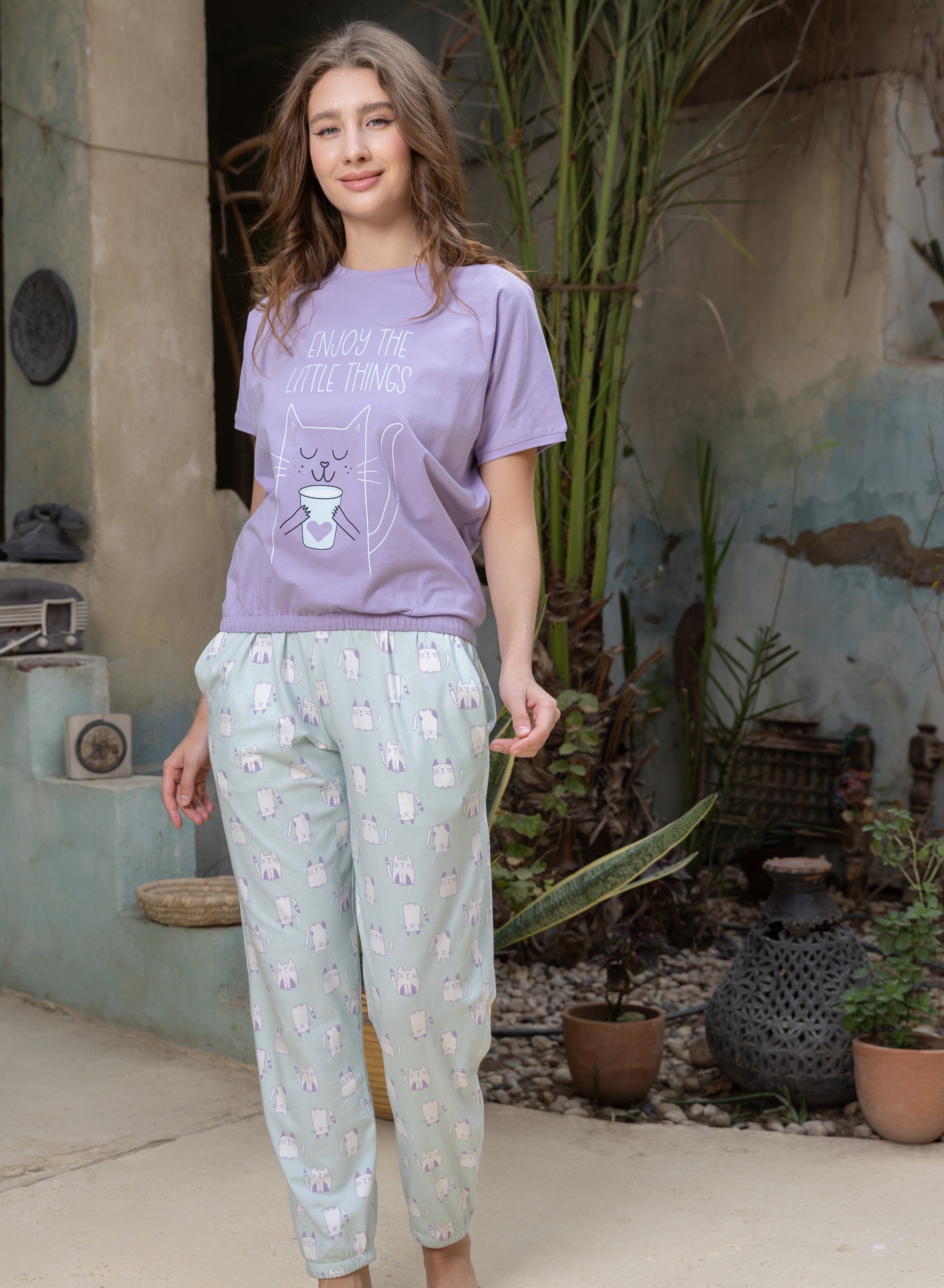 Graphic Tee & Jogger Pants Set — Purple & Grey