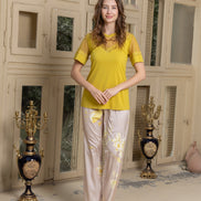 Viscose Lycra Top & Satin Floral Pants Set — Yellow & Beige Floral