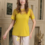 Viscose Lycra Top & Satin Floral Pants Set — Yellow & Beige Floral