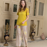 Viscose Lycra Top & Satin Floral Pants Set — Yellow & Beige Floral