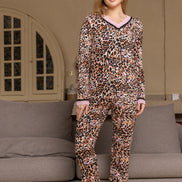 Leopard Print Long-Sleeve Pajama Set — Brown