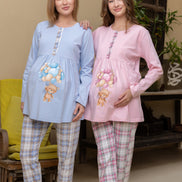 Cotton Maternity Pajama Set — B.Blue Teddy Print & Plaid