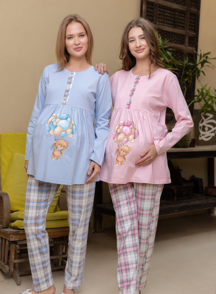 Cotton Maternity Pajama Set — B.Blue Teddy Print & Plaid