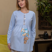 Cotton Maternity Pajama Set — B.Blue Teddy Print & Plaid