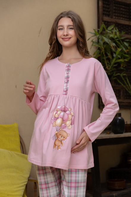 Cotton Maternity Pajama Set — B.Blue Teddy Print & Plaid