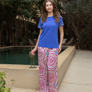Lace-Sleeve Tee & Satin Medallion Pants Set — Royal Blue & Rose