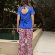 Lace-Sleeve Tee & Satin Medallion Pants Set — Royal Blue & Rose