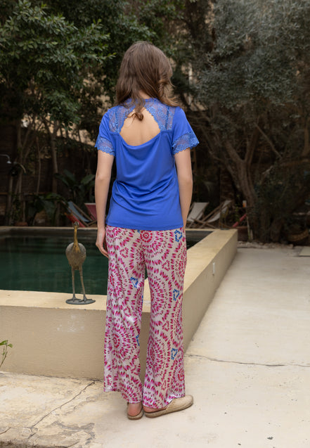 Lace-Sleeve Tee & Satin Medallion Pants Set — Royal Blue & Rose
