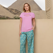 Viscose Lycra Top & Satin Pants Set — Pink & Teal Floral