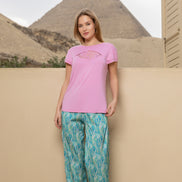 Viscose Lycra Top & Satin Pants Set — Pink & Teal Floral