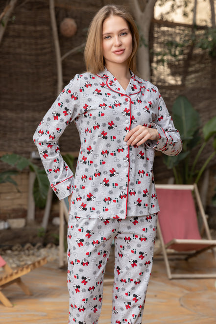 Minnie Mouse Print Cotton Pajama Set — Grey, Red & Black