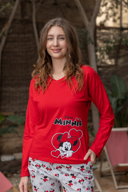 Minnie Mouse Cotton Pajama Set — Red & Grey