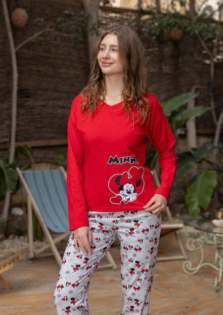 Minnie Mouse Cotton Pajama Set — Red & Grey
