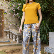 Viscose Lycra Top & Satin Pants Set — Mustard & Floral Grey