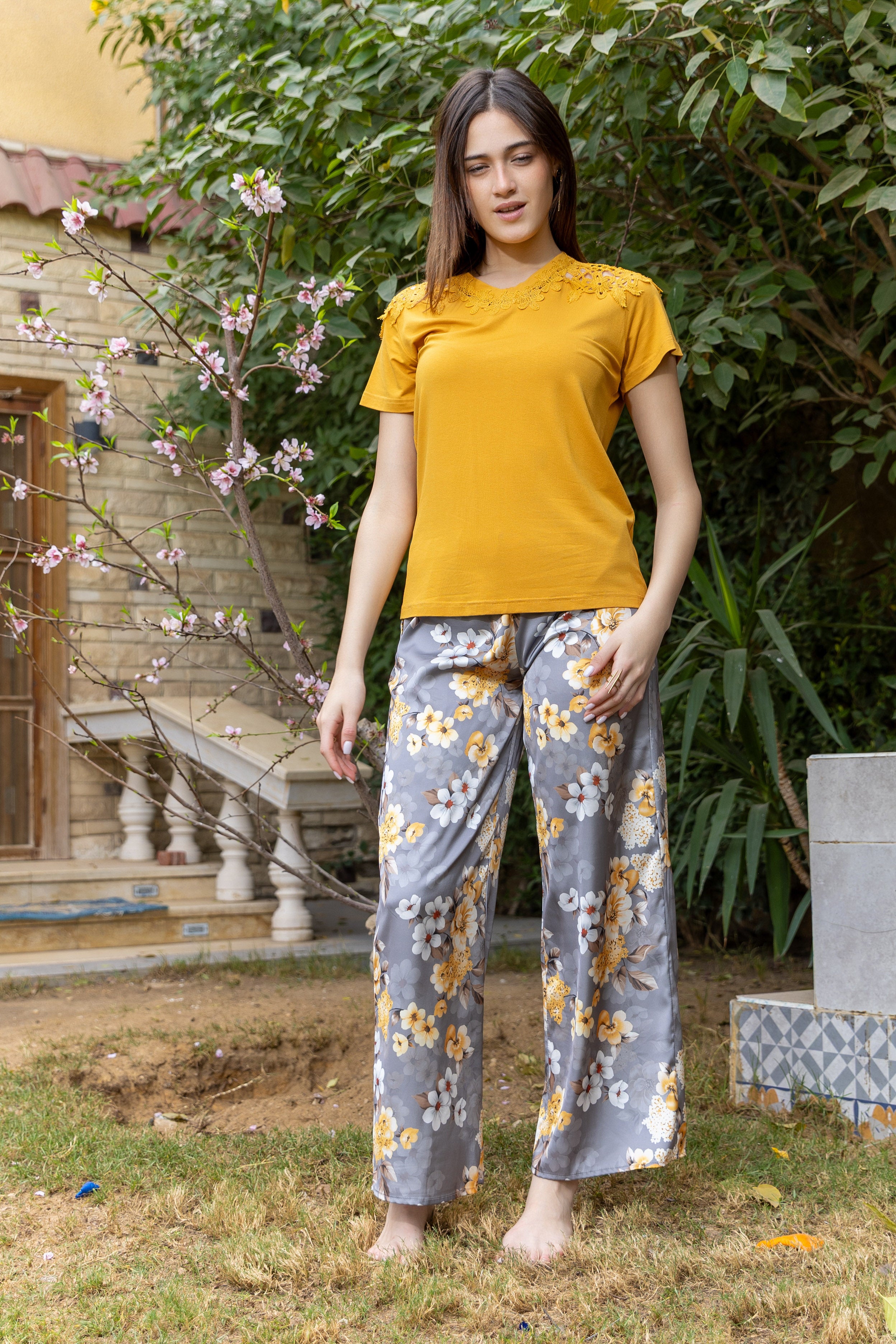 Viscose Lycra Top & Satin Pants Set — Mustard & Floral Grey