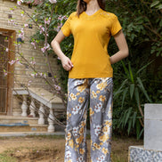 Viscose Lycra Top & Satin Pants Set — Mustard & Floral Grey