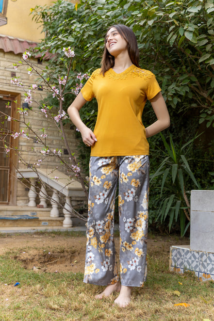 Viscose Lycra Top & Satin Pants Set — Mustard & Floral Grey