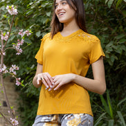 Viscose Lycra Top & Satin Pants Set — Mustard & Floral Grey