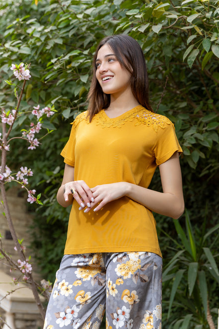 Viscose Lycra Top & Satin Pants Set — Mustard & Floral Grey