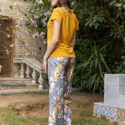 Viscose Lycra Top & Satin Pants Set — Mustard & Floral Grey