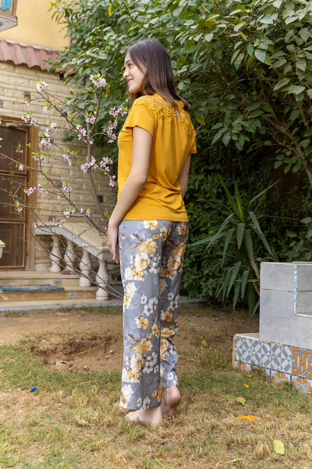 Viscose Lycra Top & Satin Pants Set — Mustard & Floral Grey