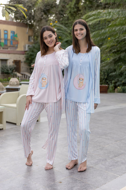 3-Piece Maternity Pajama Set — B.Blue & Rose