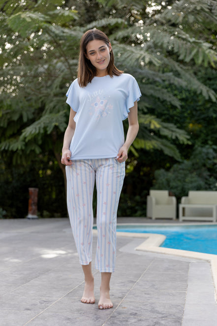 Ruffled Top & Striped Pants Pajama Set — B.Blue & Rose