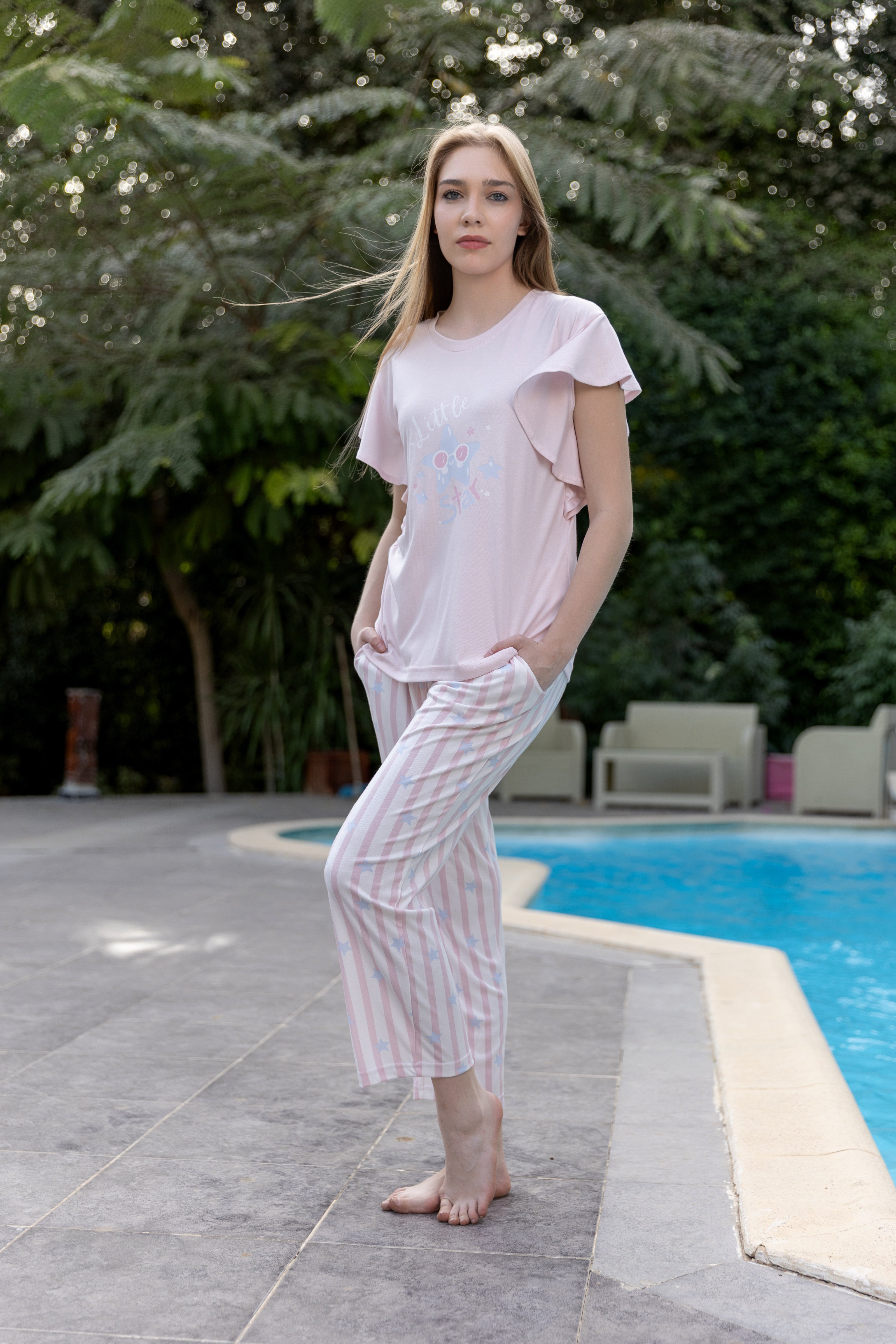 Ruffled Top & Striped Pants Pajama Set — B.Blue & Rose