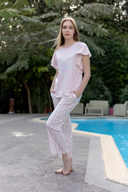 Ruffled Top & Striped Pants Pajama Set — B.Blue & Rose