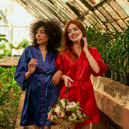 Satin Kimono Robe — Dark Blue & Red