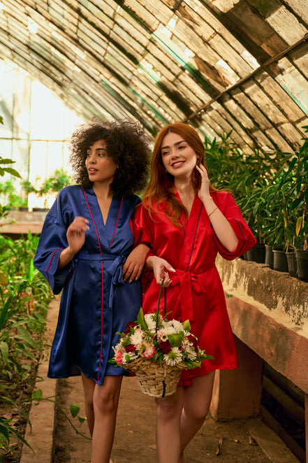 Satin Kimono Robe — Dark Blue & Red