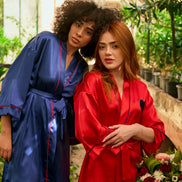 Satin Kimono Robe — Dark Blue & Red