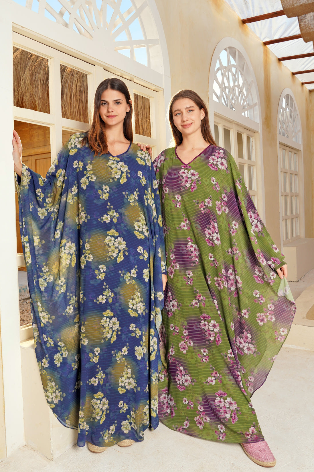 Flowy Floral Kaftan Dress — Dark Blue & Dark Green