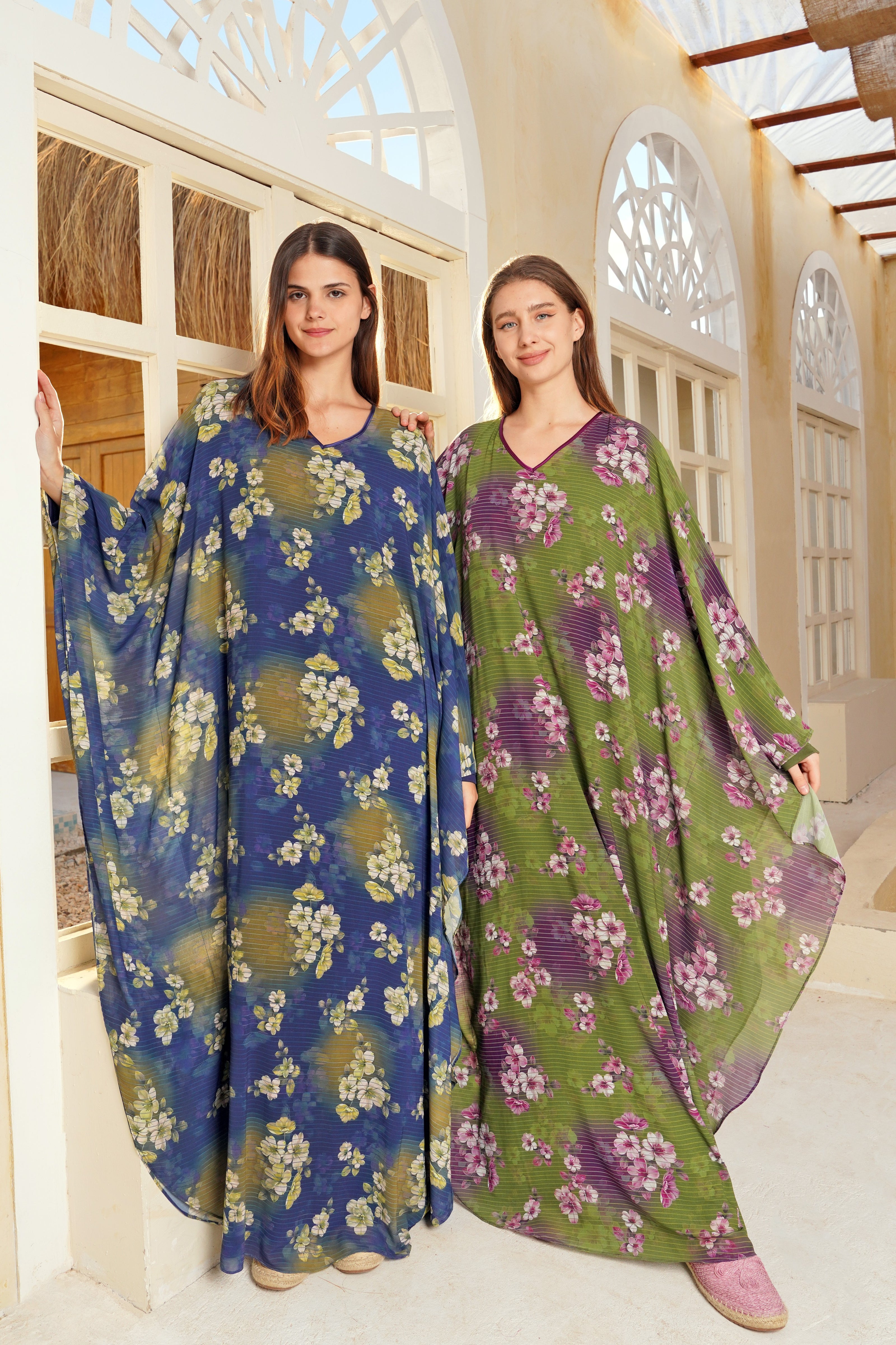 Flowy Floral Kaftan Dress — Dark Blue & Dark Green